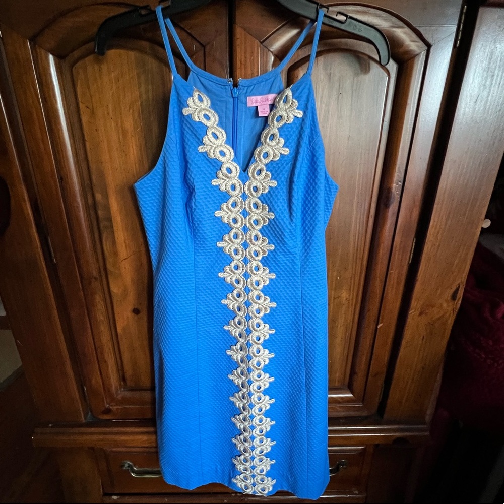 Lilly Pulitzer Pearl Lapis Blue Gold Lace Pique Shift Dress